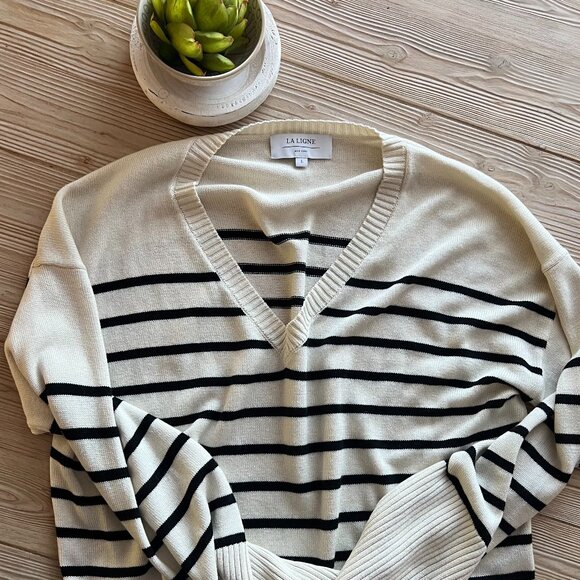 La Ligne Sweaters - La Ligne Cashmere Silk Stripe Sweater – Black & Cream V-Neck, Size Large